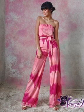 New York & Co Sweet Pea Pink Tie Dye Strapless Boho Wide Leg Jumpsuit XS New